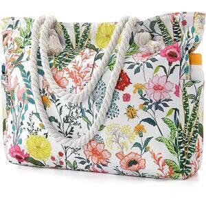 New Tavaleu Large White Floral Double Rope Handle Beach Zip Tote Shoulder Bag